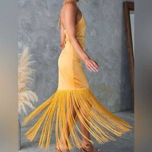 🌞 Hello You!  Elegant Yellow Halter Fringe Dress